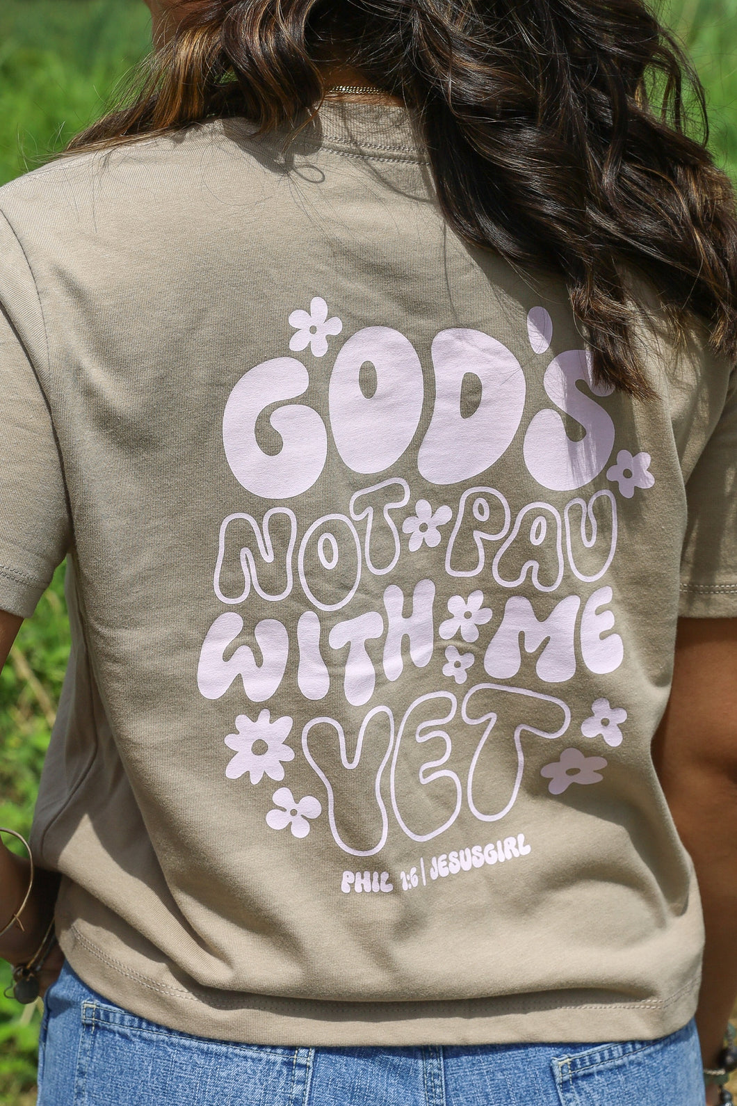 God's Not Pau Tee in Tan (Print in soft pink)